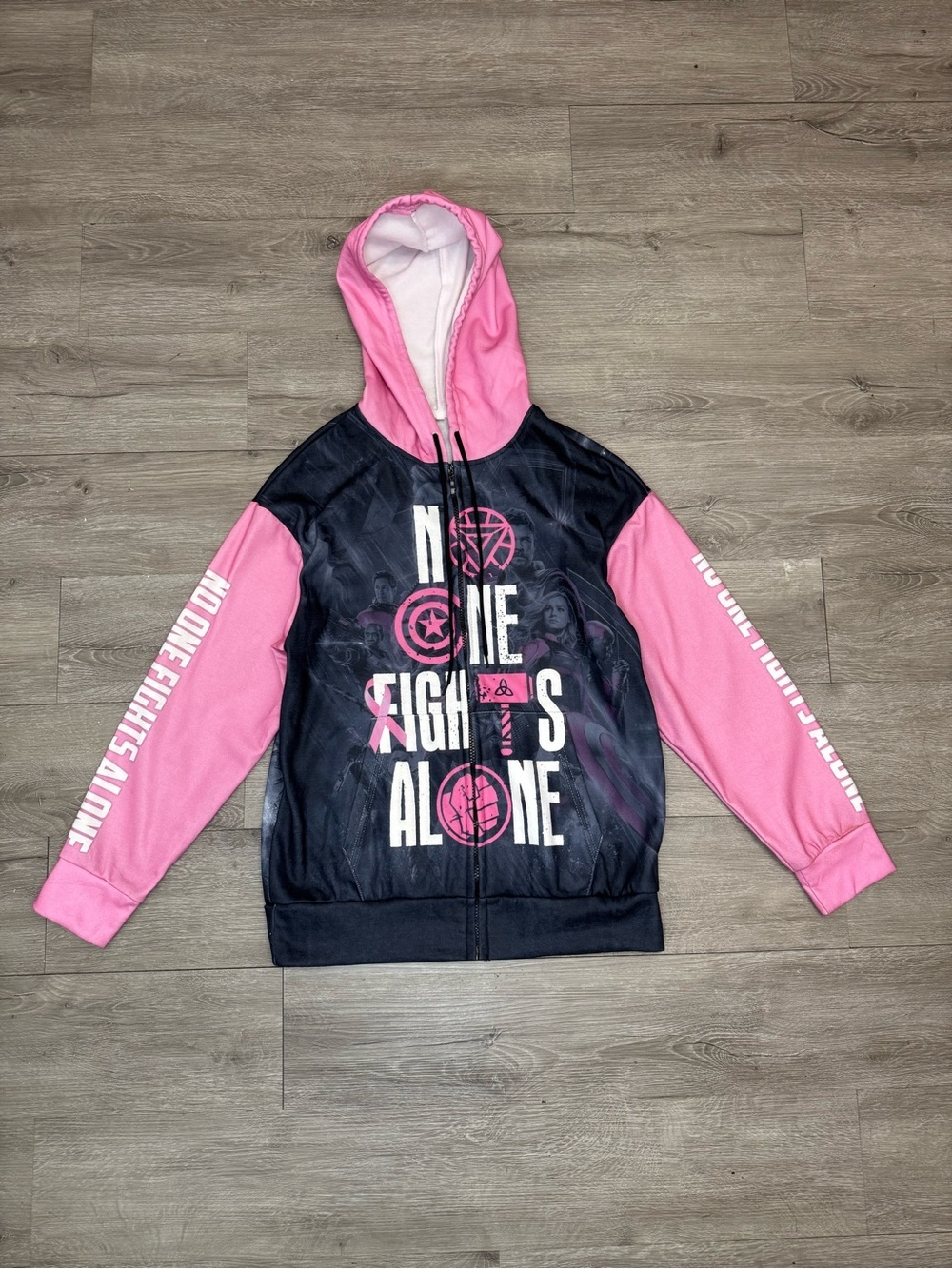 Pink Superhero Graphic Zip Hoodie Fleece Breast Cancer Awareness Size S